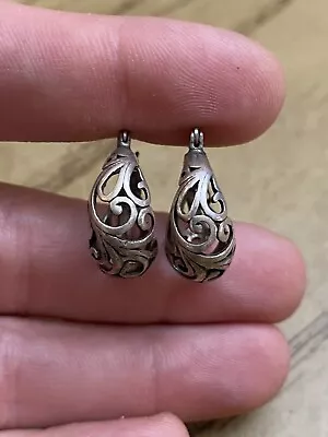 Vintage Jezlaine Designer Signed Sterling Silver Filigree Open Hoop Earrings • $28