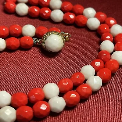 Antique Art Deco 1920’s Pressed Poured Milk & Red Faceted Czech Glass Necklace • $54.90