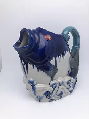 Ceramic Red Eyed Fish Pitcher Water Waves Hand Painted Blue Ocean Sea Beach • $14.99