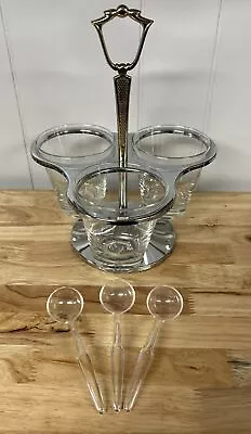 Vintage Kromex Triple Condiment Caddy Dish Chrome & Glass With Spoons EUC • $29.95