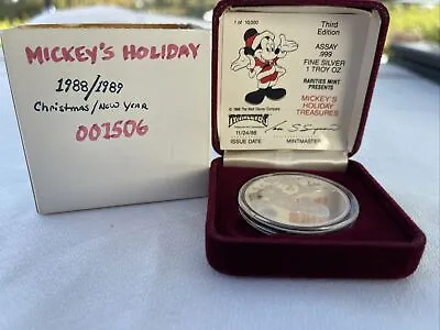 1988 Mickey Holiday Treasures 3rd Edition 1oz Silver Art Round W/Box & COA #1506 • $99.99