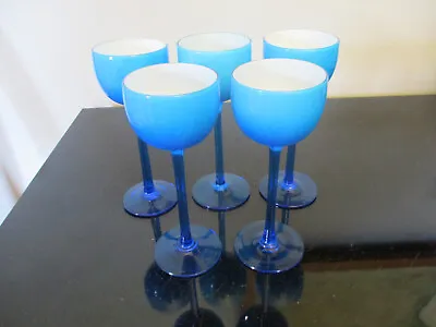 5 Vintage MCM Carlo Moretti Murano Italy Blue&White Cased Glass 6.5 Wine Goblets • $195