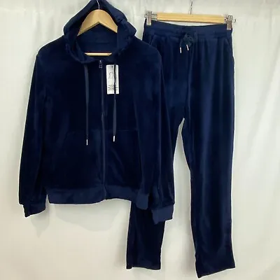 Womens Navy Velvet Velour Hooded Joggers Loungewear 2PCS Tracksuit Set Size M/L • £16.99