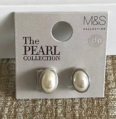 BN Marks & Spencer Faux Pearl Earrings Clip On Silver Tone Surround • £9.99