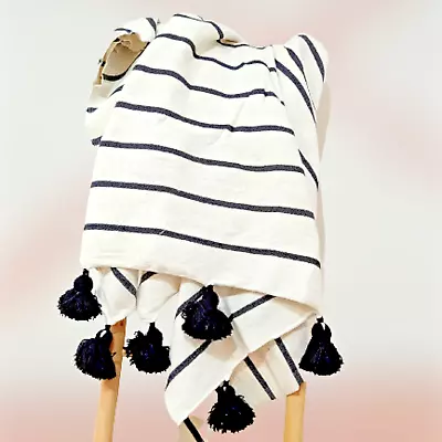 Free Shipping Large Moroccan White Cotton Blanket With  Black Pompom     . • $99.99