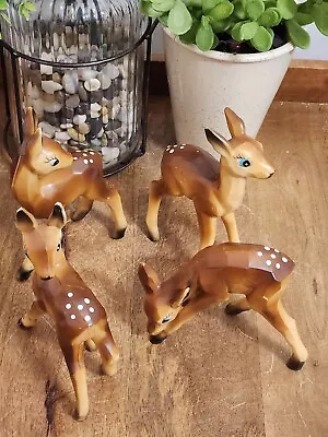 Vintage Bambi Deer Fawn Big Eyes Hard Carved Plastic Christmas Figurines Set/4 • $99