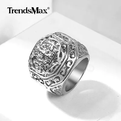 Male Men Ring Stainless Steel Carved Cross Signet Ring Vintage Valentine's Gift • $10.44