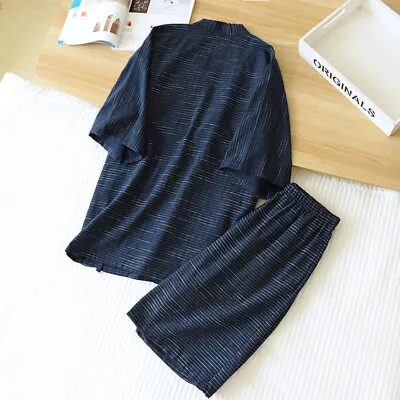Men Japanese Two-Piece Set Outfit Cotton Bathrobe Sash Pajama Kimono Yukata • £31.30