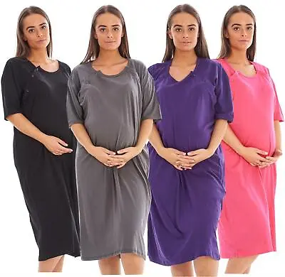 Ladies Plain Maternity Nursing Nightdress 100% Cotton Breast Buttons Labor Gown • £14.95