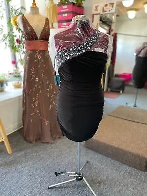 Thea Dora Black Beaded One Shoulder  Evening Cocktail Prom Stretch Dress Size 20 • $95