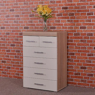 Chest Of 4+2 Drawers - White & Sonoma Oak Effect Bedroom Furniture Modern 6 Draw • £94.95