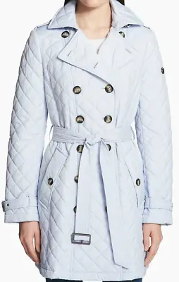 Calvin Klein Women's Quilted Double-Breasted Trench Color Powder Blue HOOD~XS • £47.23