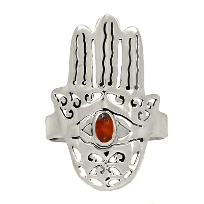 Hamsa Hand - Natural Garnet - Madagascar 925 Silver Ring Jewelry S.8.5 CR35413 • £9.64