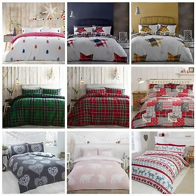 Flannelette Duvet Cover Sets Warm Cosy Brushed Cotton Bedding Christmas Check • £13.49