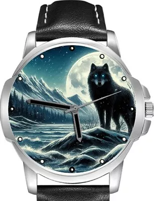 Black Wolf In Winter Full Moon Art Unique Unisex Beautiful Wrist Watch UK FAST • $98.64