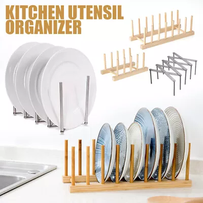 £9.08 • Buy Wooden/Stainless Steel Pot Pan Lid Stand Rack Organiser Plate Holder Kitchen