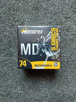 5 X  Memorex Blank Recordable MiniDiscs MD 74 ***New Sealed Box Storage Case*** • £23.49