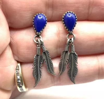 Vintage Navajo Native Sterling Silver Lapis Stone Feather Dangle Stud Earrings • $9.99