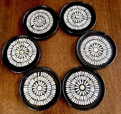 Vintage Coasters Black Plastic With Mother Of Pearl Abalone Shells Set Of 6 3.5” • $12