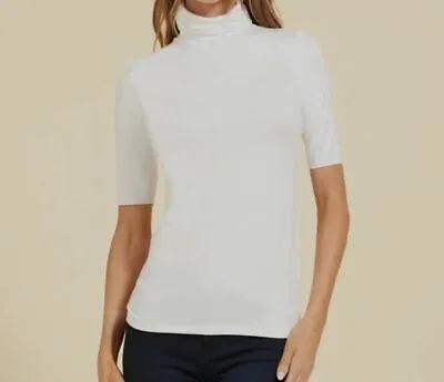 $130 Majestic Paris Women's White Elbow Sleeve Turtleneck Stretch Top Size 2 • $41.98