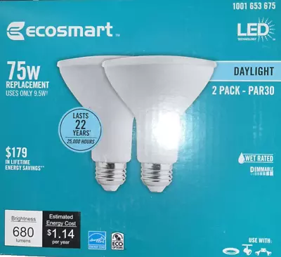 EcoSmart 9.5W Daylight White 5000K PAR30 Dimmable LED Flood Light Bulb 2-Pack • $14.97