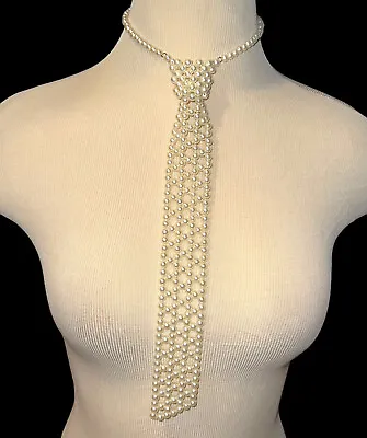 Vintage Faux White Pearl Choker Neck Tie Necklace 1960s Bride Hong Kong • $30