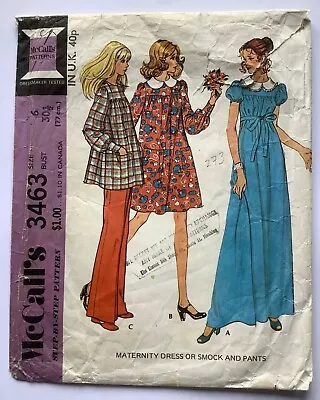 Vintage McCall’s 3463 - 70s Maternity (Maxi) Dress Smock Pants Pattern - 6 • £4.50