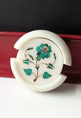 6pc Set Marble 5 Coasters 1 Holder Green Stone Abalone Shell Inlay FLOWER Floral • $45