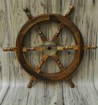 £28.60 • Buy 18  Nautical Wooden Ship Steering Wheel Pirate Wood Brass Fishing Wall Décor New