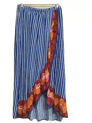 Magic Womens Size M Maxi Wrap Skirt Elastic Waist Rayon Knit Royal Blue White • $13.95