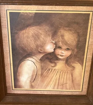 Vintage A Little Kiss Framed Print Margaret Kane Boy Kissing Girl MCM Big Eyes • $29.99