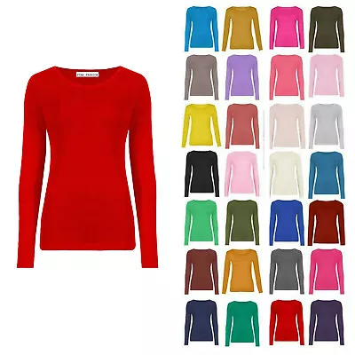 Womens Long Sleeve Round Neck Plain Basic Ladies Stretch T-Shirt Top UK 8-26 • £5.49