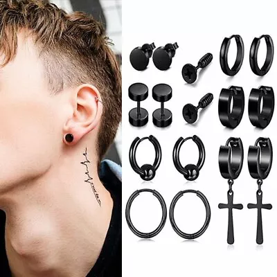 Punk Men Black Stainless Steel Earrings Stud Hoop Drop Dangle Gothic Piercing  • £2.58