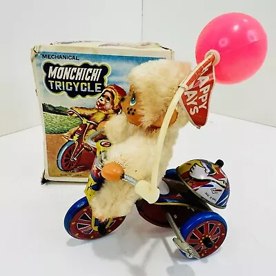 Vintage MONCHICHI Monkey Metal Tin Mechanical Tricycle Wind Up Toy W/ Box WORKS • $29.95