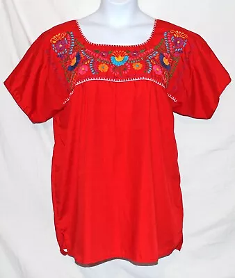 ARTISAN Mexico Sz XL Embroidered Red Peasant TOP Cotton Short Slv Square Neck • $17.46