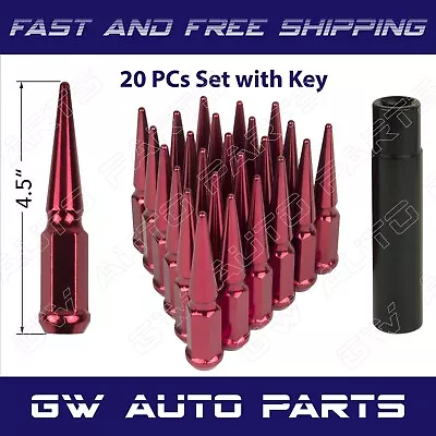 20 PCs 1/2 -20 RED SPIKE SOLID STEEL LUG NUTS 4.5 INCHES TALL WITH KEY • $49.35