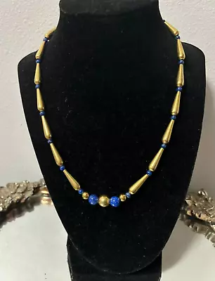 Vintage Blue Peking Glass Gold Tone Necklace • $16