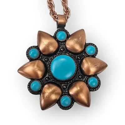 Bell Trading Flower Pendant Necklace Copper Faux Turquoise Vtg 60s Southwestern  • $35.96