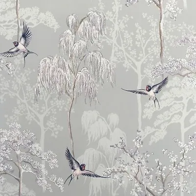 Arthouse Japanese Garden Grey Bird Print Luxury Wallpaper 908105 • £11.09