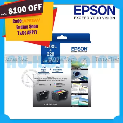 Epson Genuine #220XL BK+ 220 C/M/Y Ink Value Pack For WF-2630/WF-2650/WF-2660 • $108