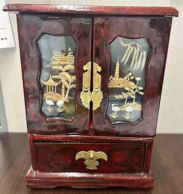 Vintage Chinese Lacquer Jewelry Box Diorama Style Pagoda Egret Bird Trees • $49.90
