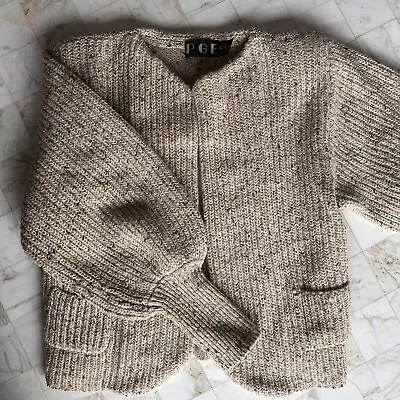 Vintage Nordic Wool Cardigan Sweater SMALL Ivory Chunky Knit Pockets Fisherman • $36.99