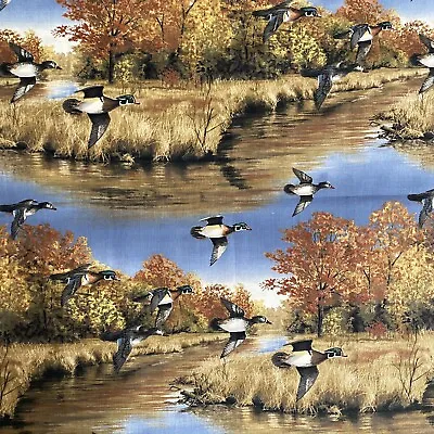 Flying Mallard Ducks Cotton Fabric Autumn Lake Robert Hautman Cranston 28  X 45  • $8.99