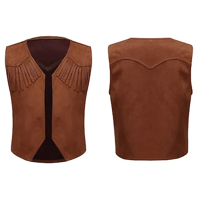 Kids Western Cowboy Costume For Boys Vest Suede Tassel Waistcoat Halloween Party • $9.74