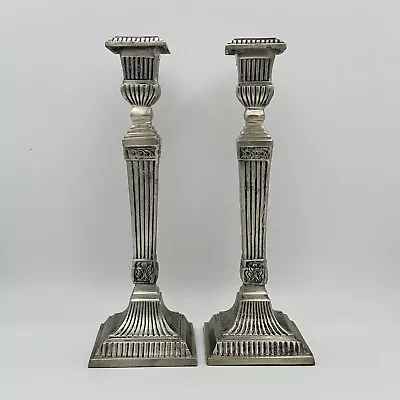 Candlestick Holders Silver Metal Column Square Base Tag Brand Heavy 12 1/4” • $24.87