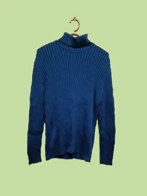 100% Cotton Roll Neck Blue Jumper Medium • £11.50