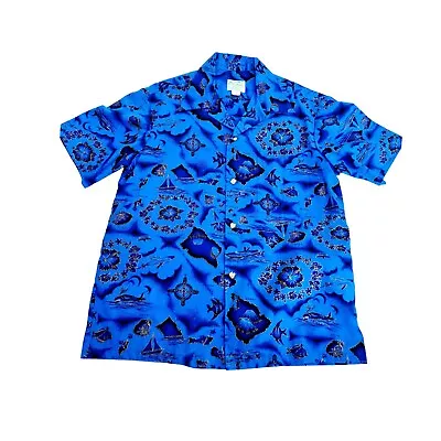 VTG 60s Men's XL.  Blue UI-MAIKAI Hawaiian Aloha Ocean Map Island Cotton Shirt   • $65