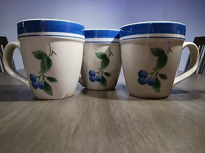 Set Of 3 L. L. Bean - BLUEBERRY Stoneware Mugs Cups With Blue Band • $23.63