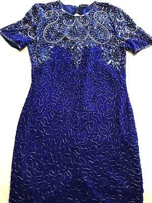 Women Cobalt Blue Silk Sequin Bead Prom Dress Vintage 80s L Kazar? Cosplay READ • $89.93