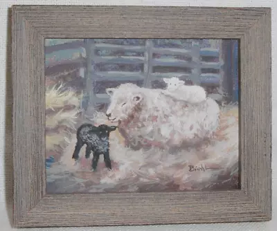 Framed Original Biehl Painting ~ Sleepy In The Hay ~ Mamma Sheep W/Lambs 1 Black • $30